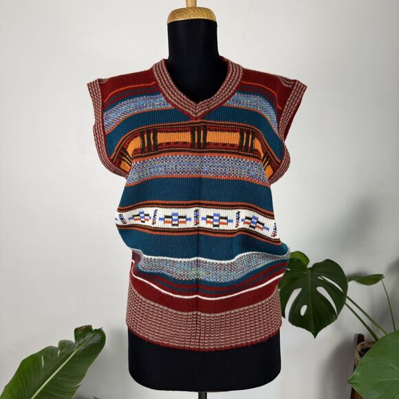 Vintage 70s 80s Knit Sweater Vest Southwestern Aztec Geometric Pattern - Picture 2 of 11